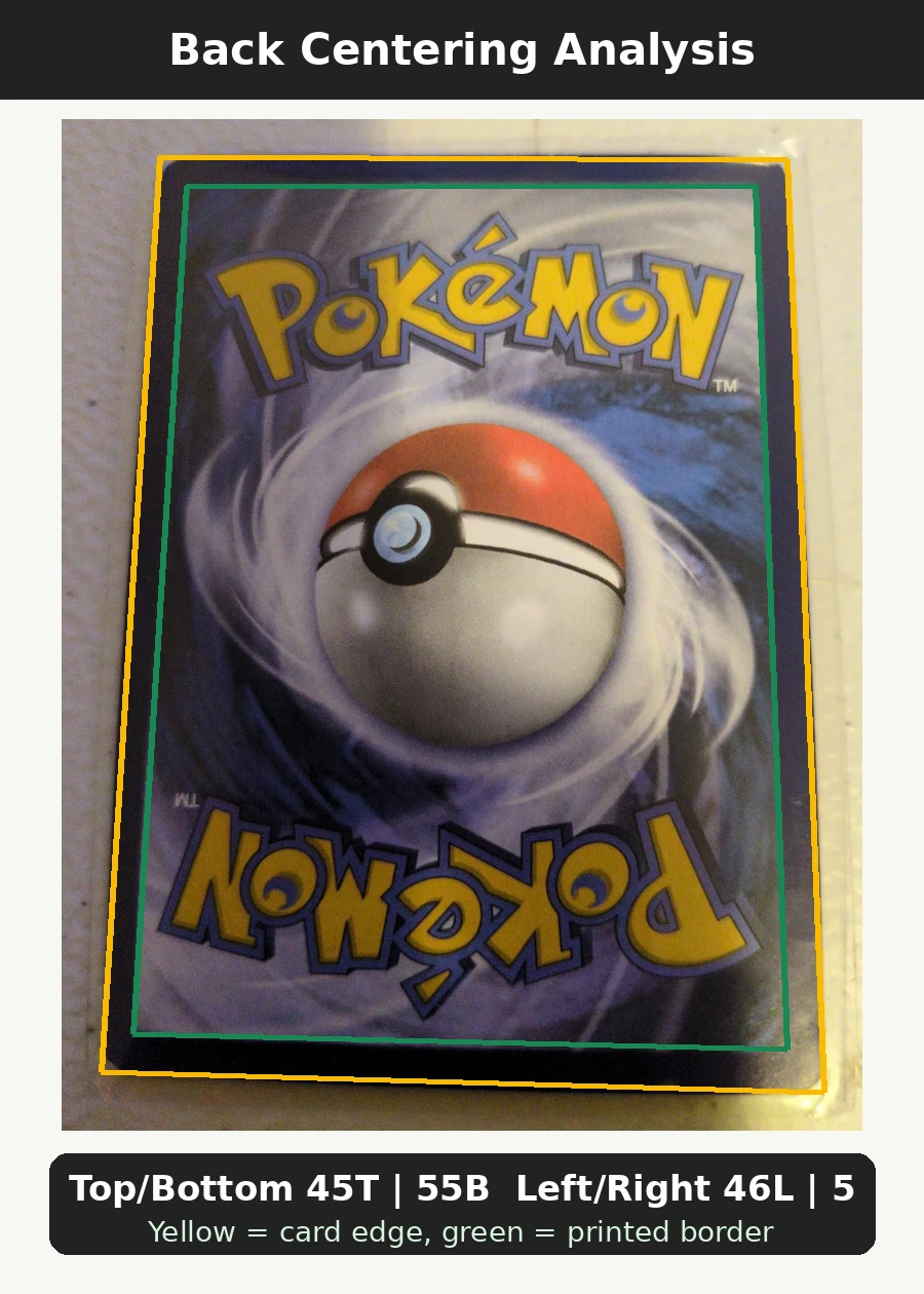 Flying Pikachu 025/53 Wizards Black Star Promos back centering analysis showing Top/Bottom 45T | 55B and Left/Right 46L | 54R.