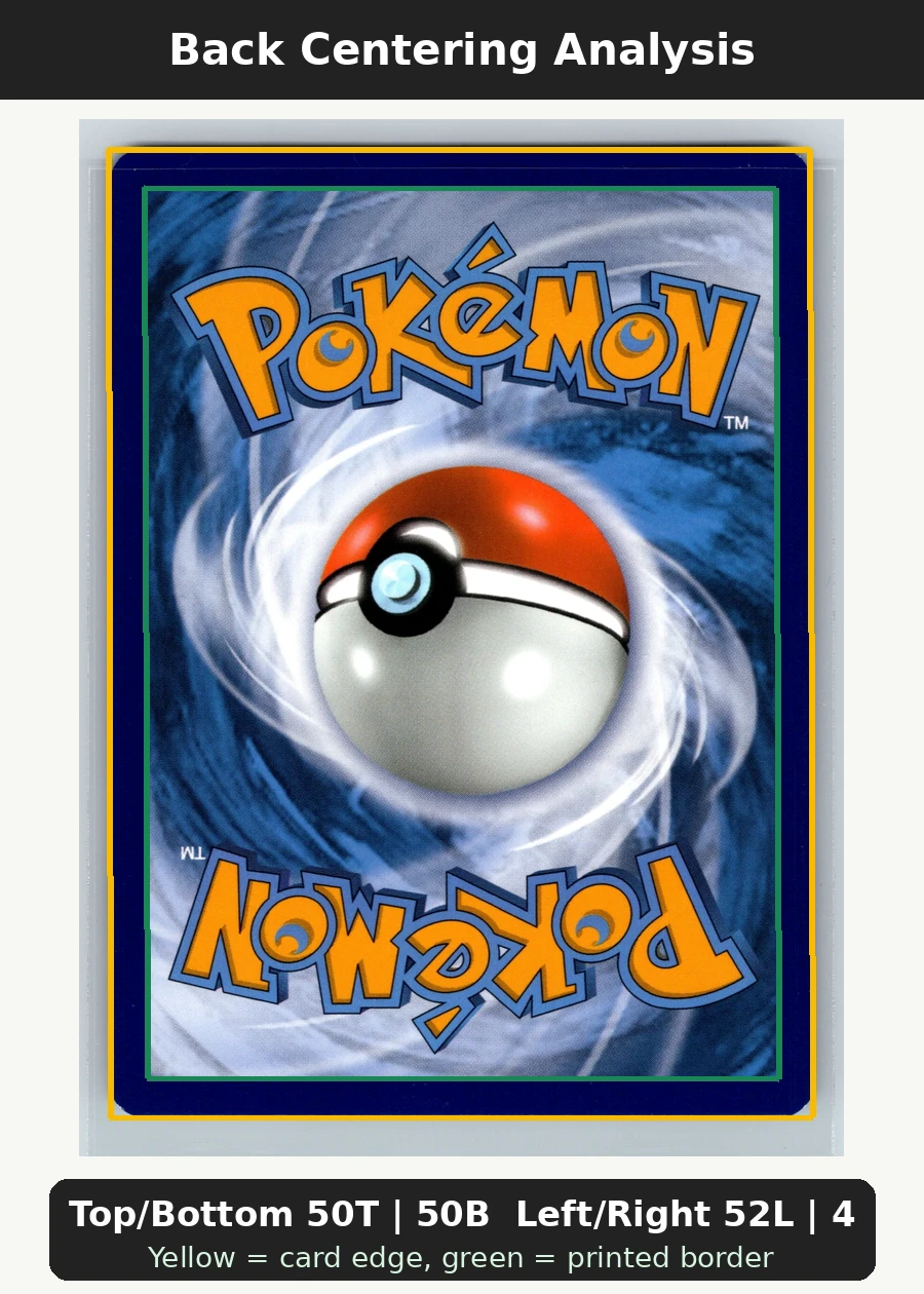 Charizard VMAX SWSH261/307 SWSH Black Star Promos back centering analysis showing Top/Bottom 50T | 50B and Left/Right 52L | 48R.