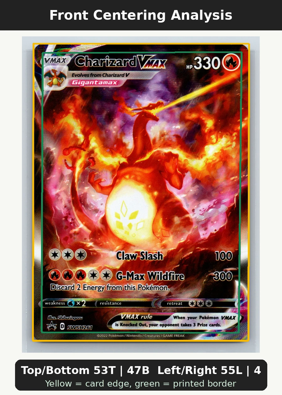 Charizard VMAX SWSH261/307 SWSH Black Star Promos front centering analysis showing Top/Bottom 53T | 47B and Left/Right 55L | 45R.