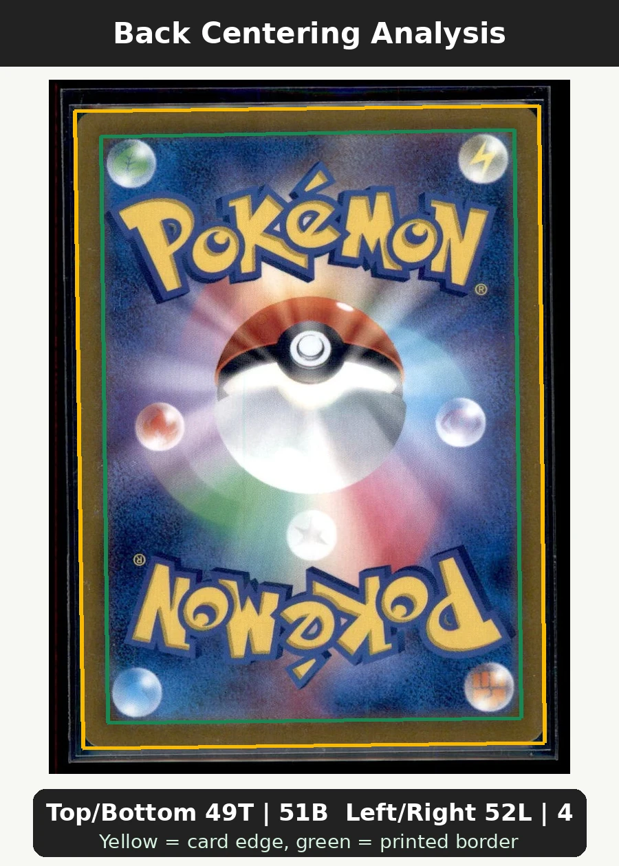Charizard V SWSH260/307 SWSH Black Star Promos back centering analysis showing Top/Bottom 49T | 51B and Left/Right 52L | 48R.