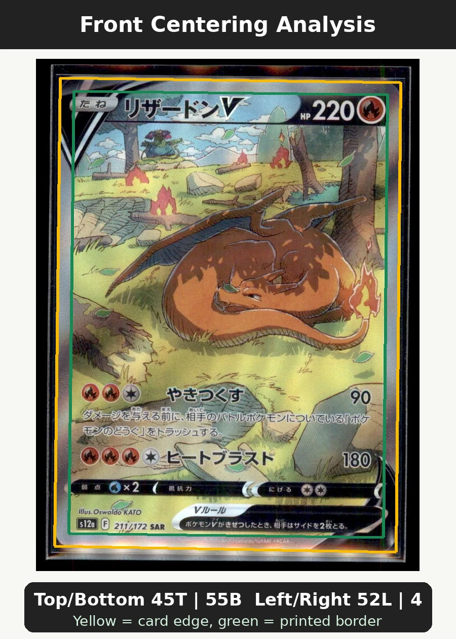 Charizard V SWSH260/307 SWSH Black Star Promos front centering analysis showing Top/Bottom 45T | 55B and Left/Right 52L | 48R.