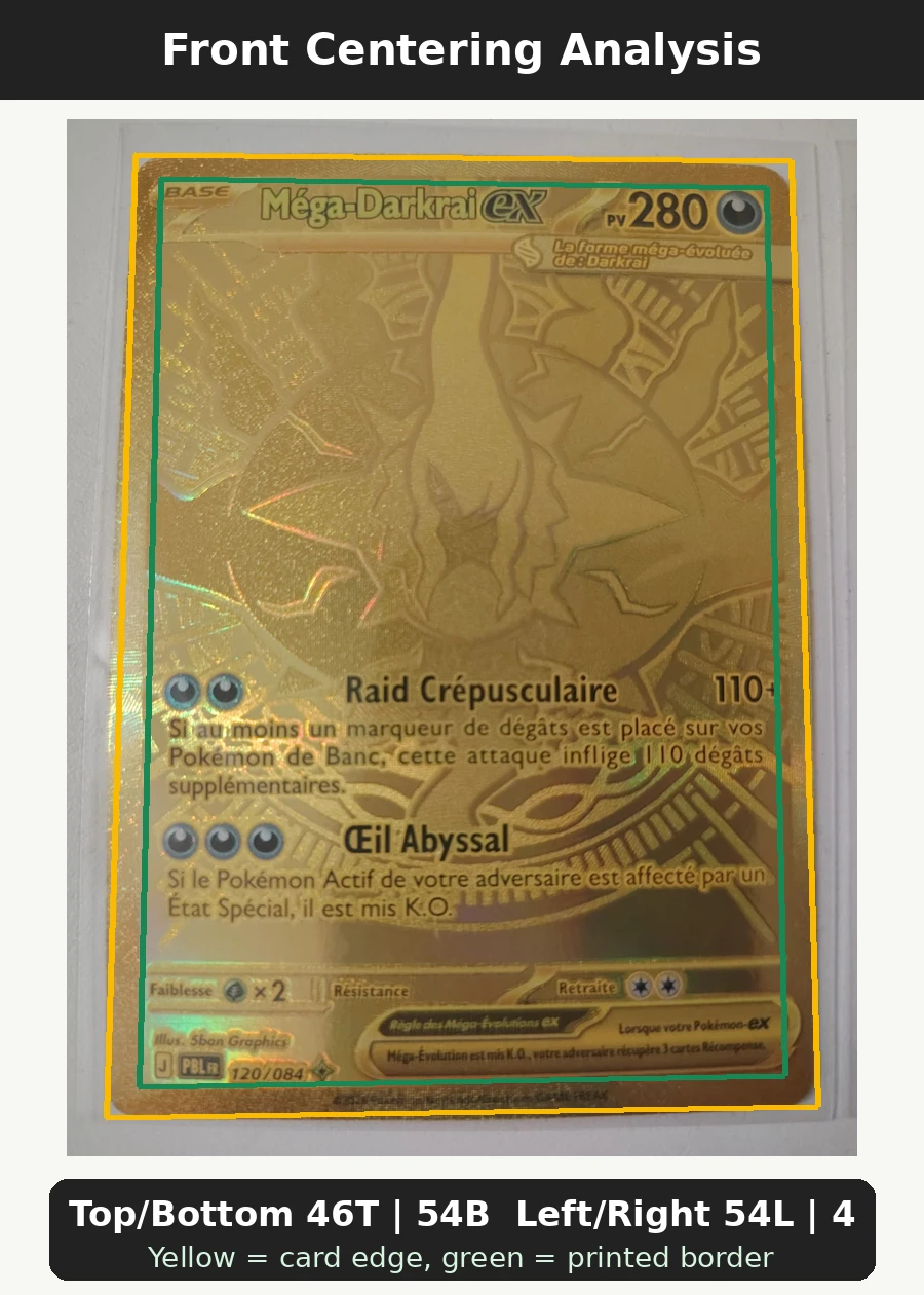 Mega Darkrai ex 120/84 Pitch Black front centering analysis showing Top/Bottom 46T | 54B and Left/Right 54L | 46R.
