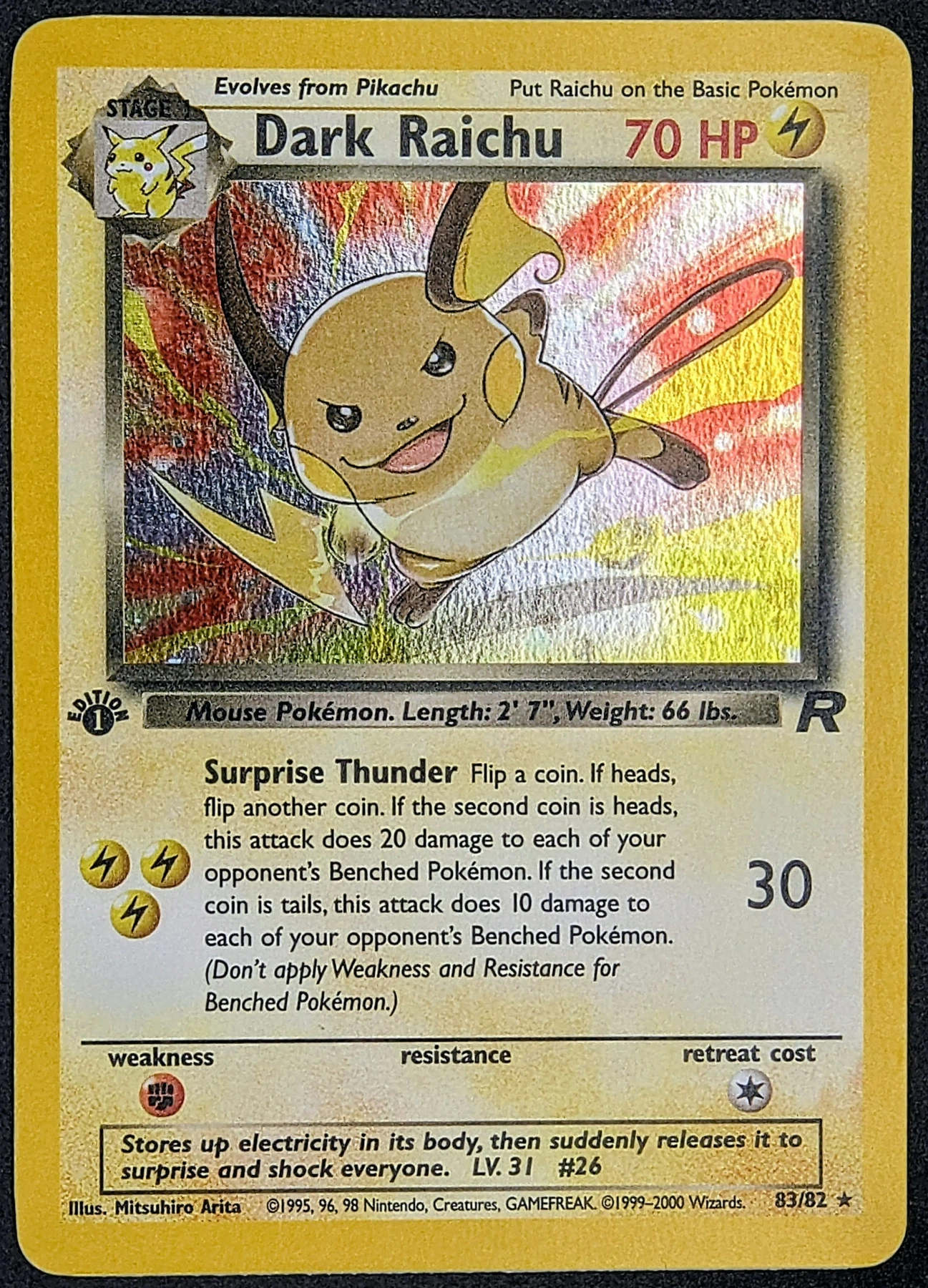 Dark Raichu 083/82 · First Edition Stamp Team Rocket front card photo in GradeValue pregrading report