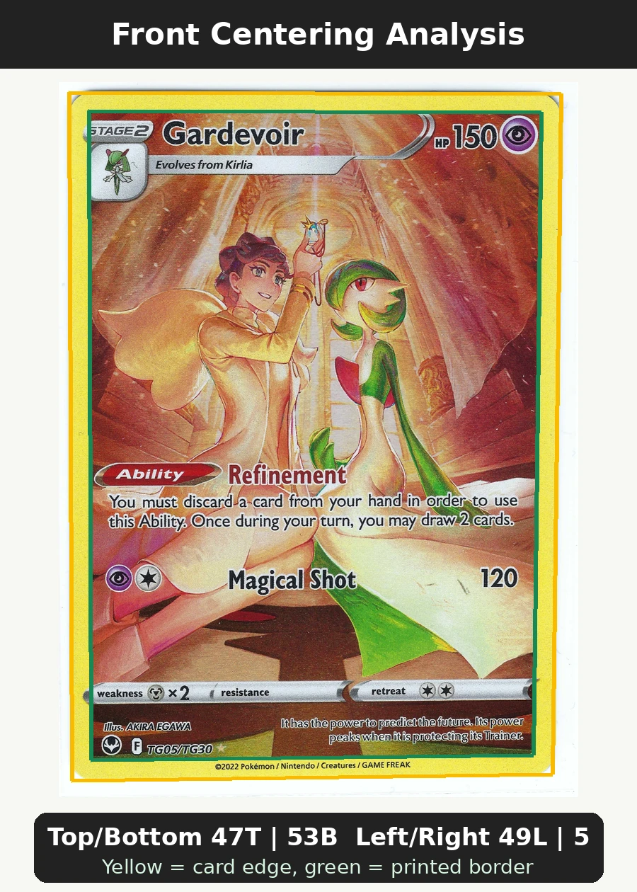 Gardevoir TG05/195 Silver Tempest front centering analysis showing Top/Bottom 47T | 53B and Left/Right 49L | 51R.