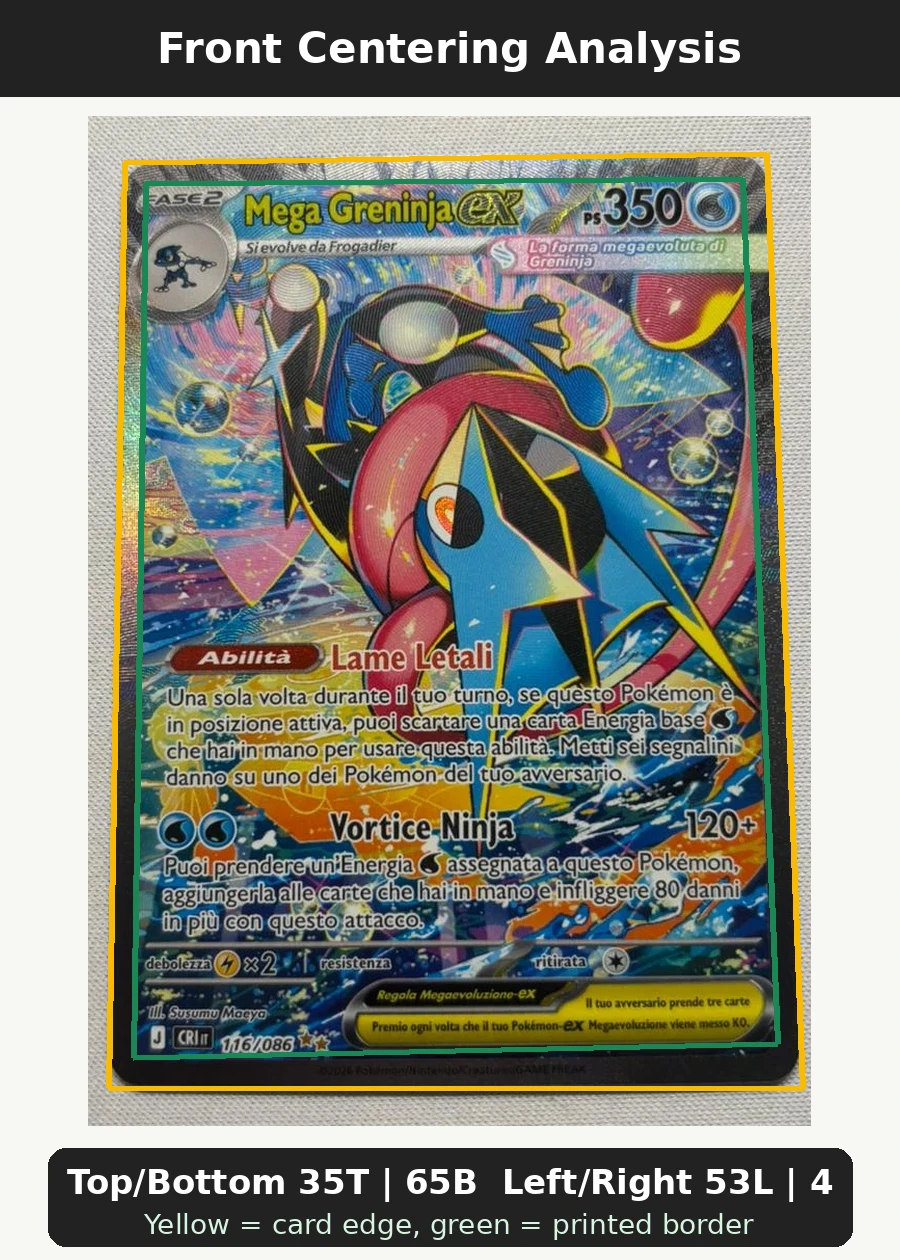 Mega Greninja ex 116/86 Chaos Rising front centering analysis showing Top/Bottom 35T | 65B and Left/Right 53L | 47R.