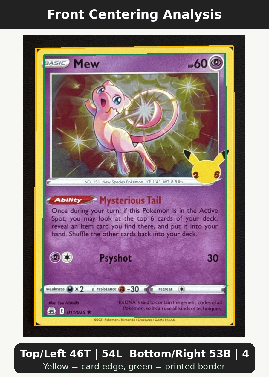 Mew 011/25 Celebrations front centering analysis showing Top/Left 46T | 54L and Bottom/Right 53B | 47R.