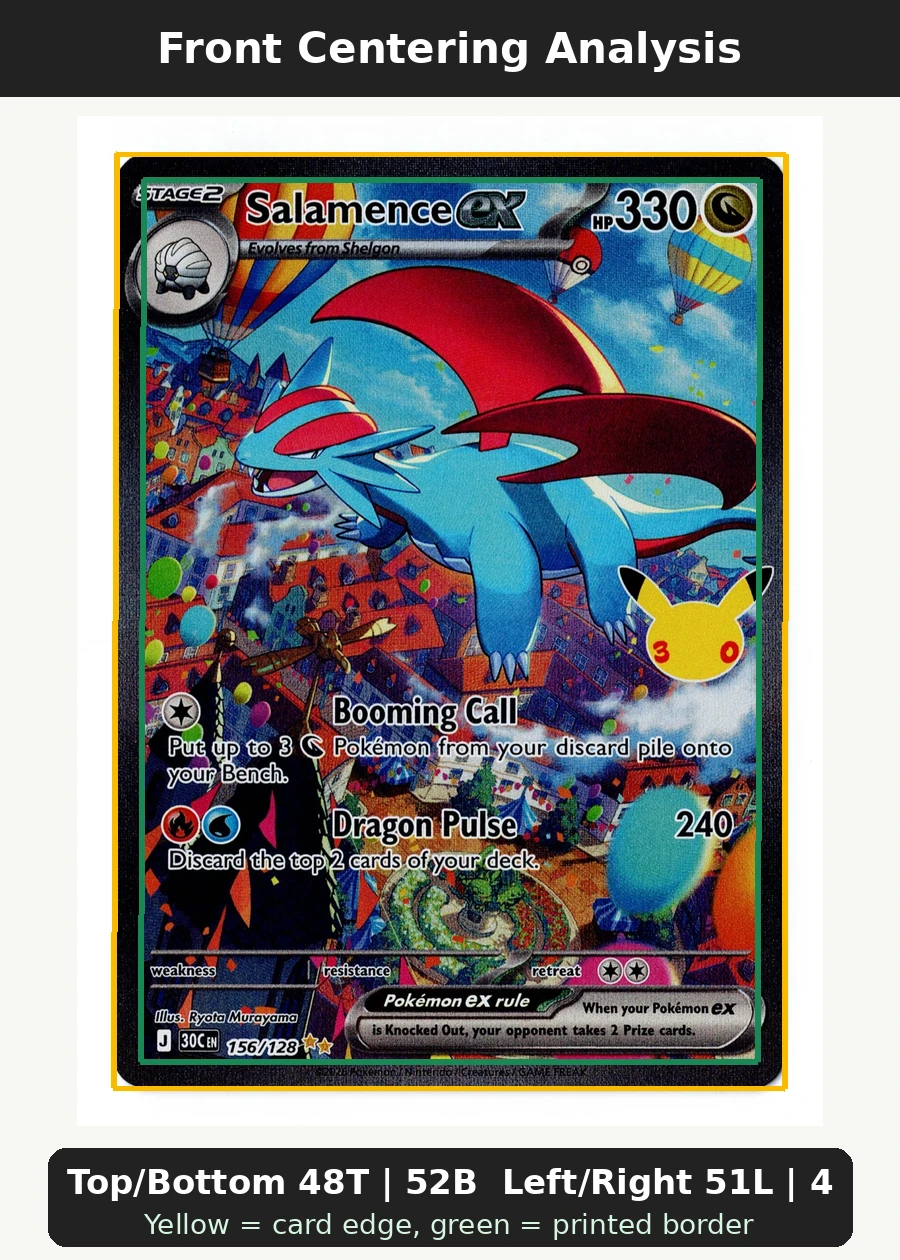 Salamence ex 156/128 30th Celebration front centering analysis showing Top/Bottom 48T | 52B and Left/Right 51L | 49R.