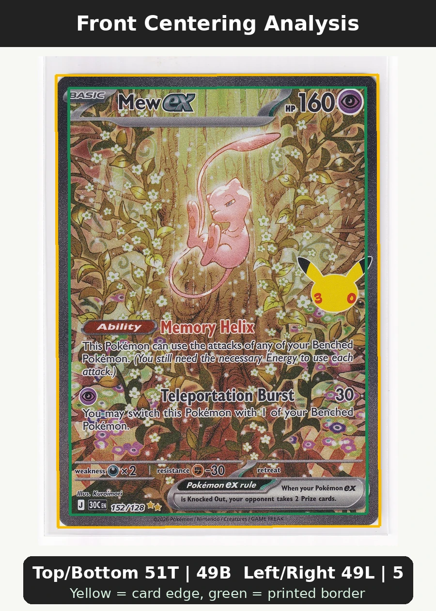 Mew ex 152/128 30th Celebration front centering analysis showing Top/Bottom 51T | 49B and Left/Right 49L | 51R.