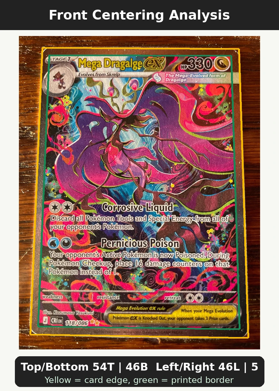 Mega Dragalge ex 118/86 Chaos Rising front centering analysis showing Top/Bottom 54T | 46B and Left/Right 46L | 54R.