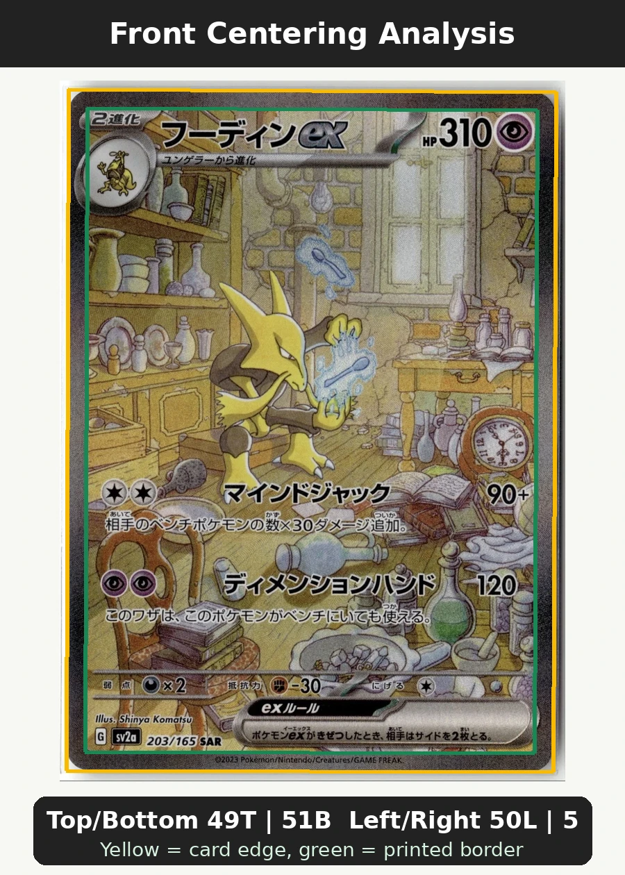 Alakazam ex 203/165 Pokémon Card 151 front centering analysis showing Top/Bottom 49T | 51B and Left/Right 50L | 50R.