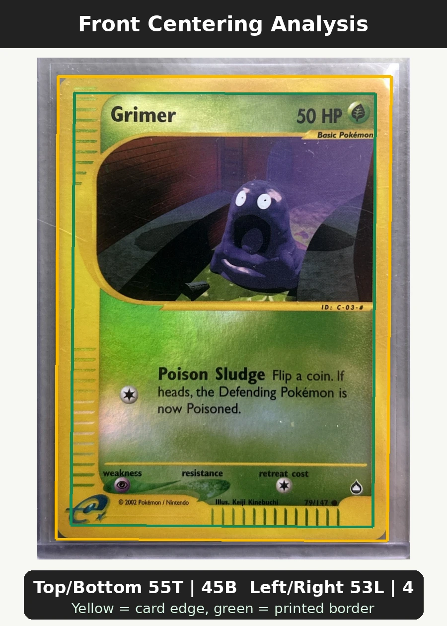 Grimer 079/147 (Reverse Holo) Aquapolis front centering analysis showing Top/Bottom 55T | 45B and Left/Right 53L | 47R.