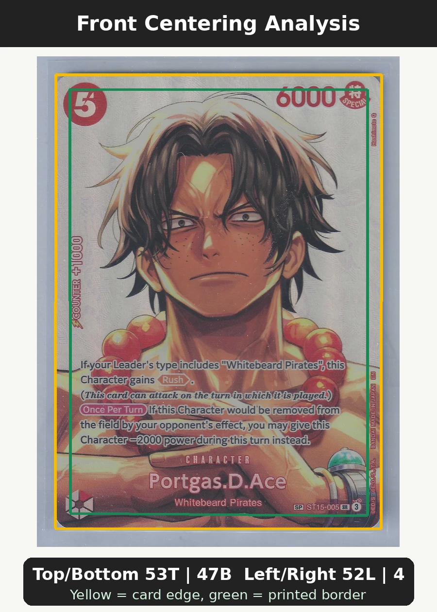 Portgas.D.Ace (ST15-005) ST15-005 One Piece Promotion Cards front centering analysis showing Top/Bottom 53T | 47B and Left/Right 52L | 48R.
