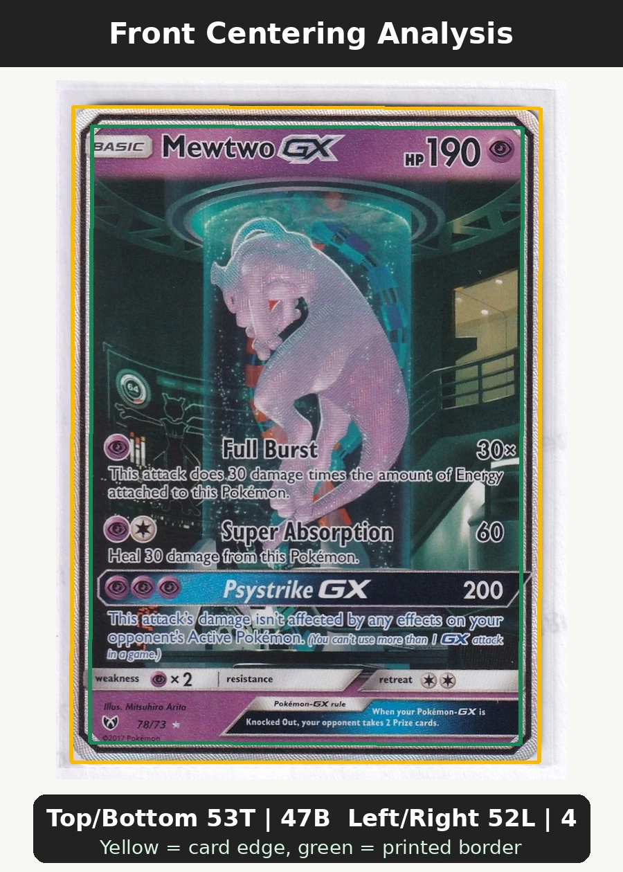 Mewtwo GX 078/73 Shining Legends front centering analysis showing Top/Bottom 53T | 47B and Left/Right 52L | 48R.