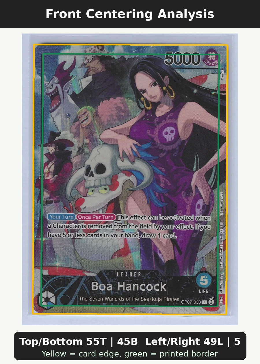 Boa Hancock (OP07-038) · PSA OP07-038 One Piece Promotion Cards front centering analysis showing Top/Bottom 55T | 45B and Left/Right 49L | 51R.