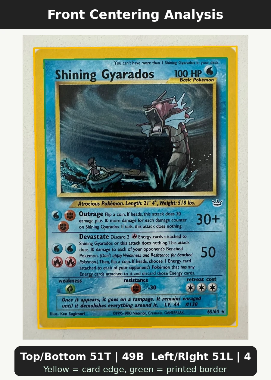 Shining Gyarados 065/64 Neo Revelation front centering analysis showing Top/Bottom 51T | 49B and Left/Right 51L | 49R.