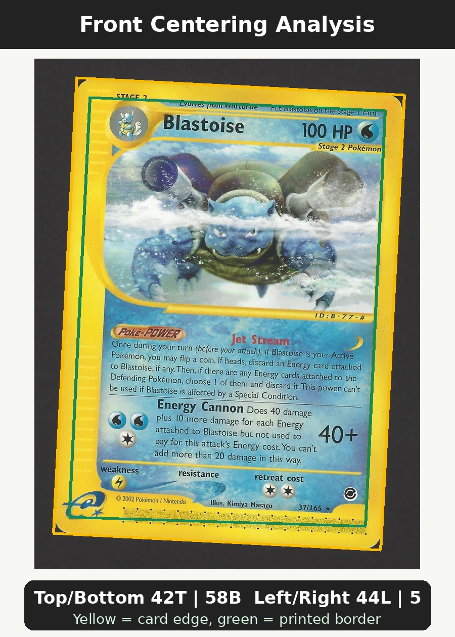Blastoise 037/165 Expedition Base Set front centering analysis showing Top/Bottom 42T | 58B and Left/Right 44L | 56R.