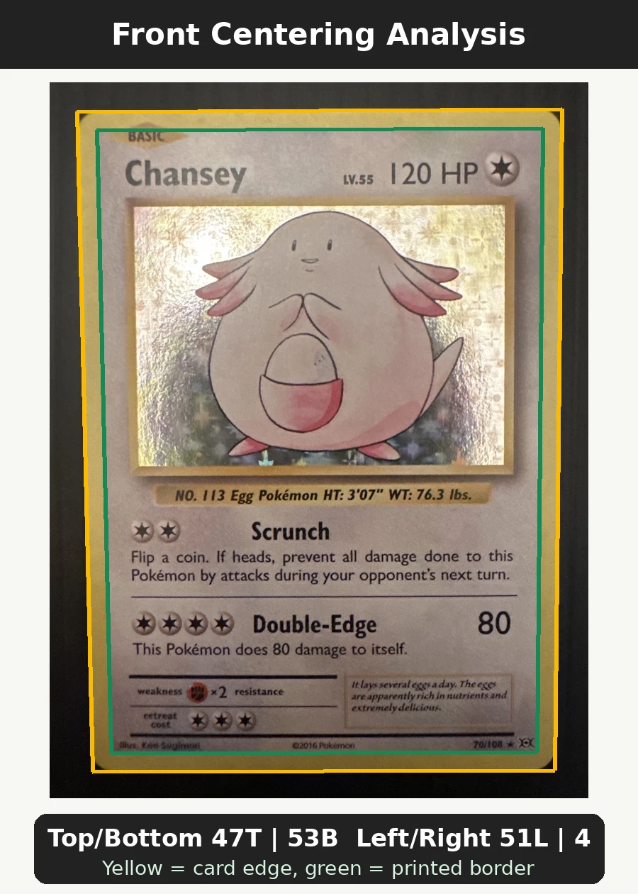 Chansey 070/108 Evolutions front centering analysis showing Top/Bottom 47T | 53B and Left/Right 51L | 49R.