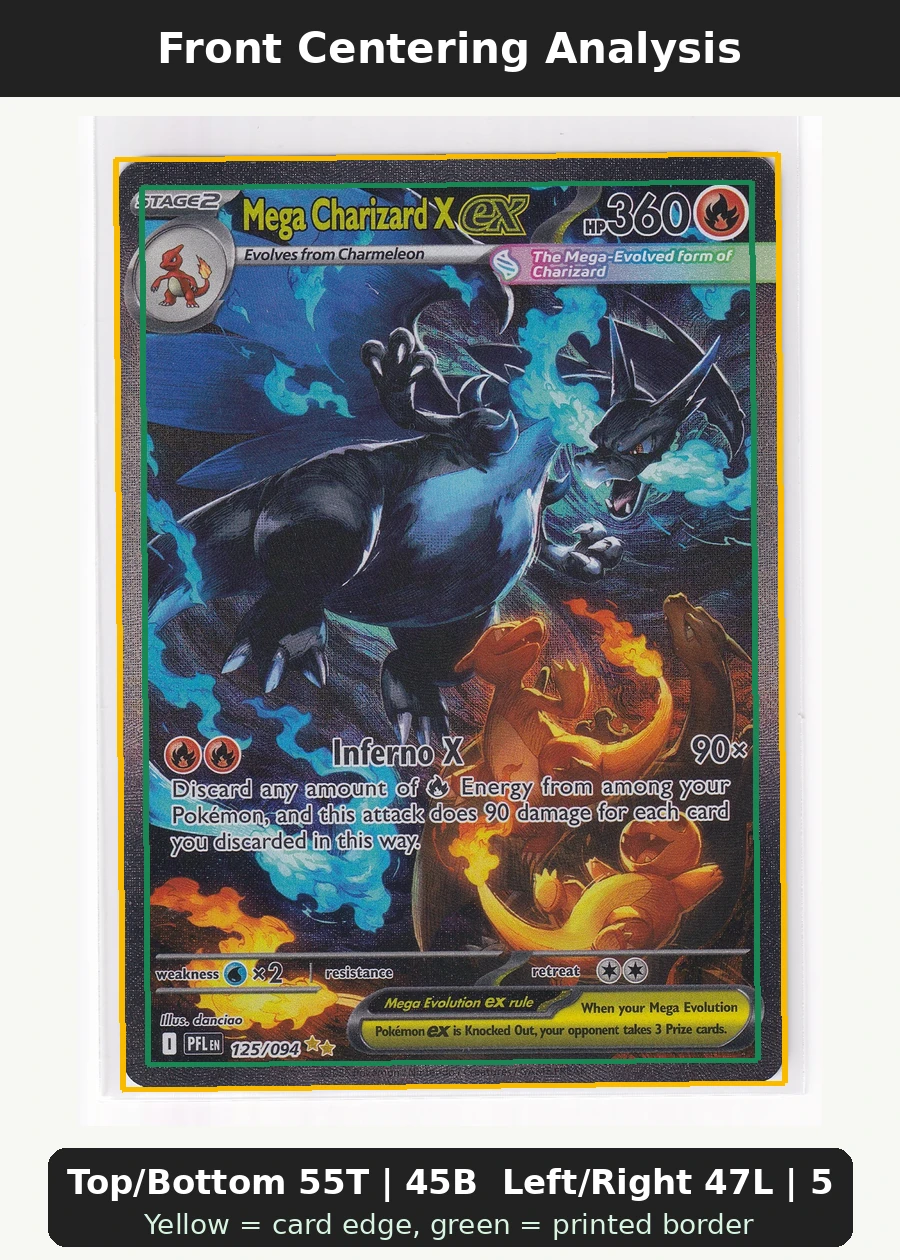 Mega Charizard X ex 125/94 Phantasmal Flames front centering analysis showing Top/Bottom 55T | 45B and Left/Right 47L | 53R.