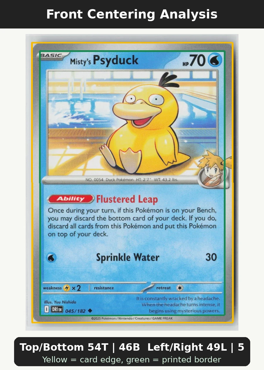 Misty's Psyduck 045/182 · Normal Destined Rivals front centering analysis showing Top/Bottom 54T | 46B and Left/Right 49L | 51R.