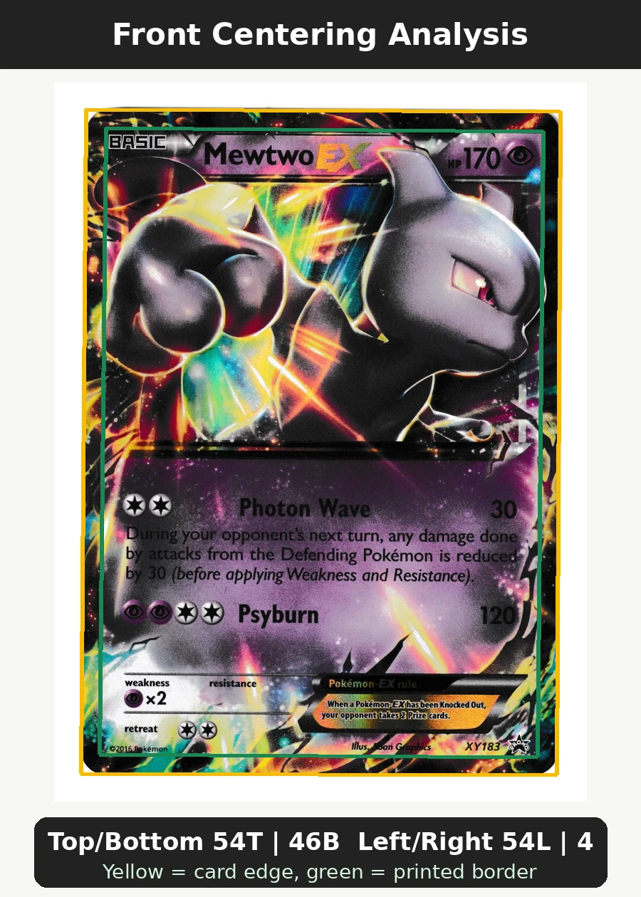 Mewtwo-EX XY183/211 XY Black Star Promos front centering analysis showing Top/Bottom 54T | 46B and Left/Right 54L | 46R.
