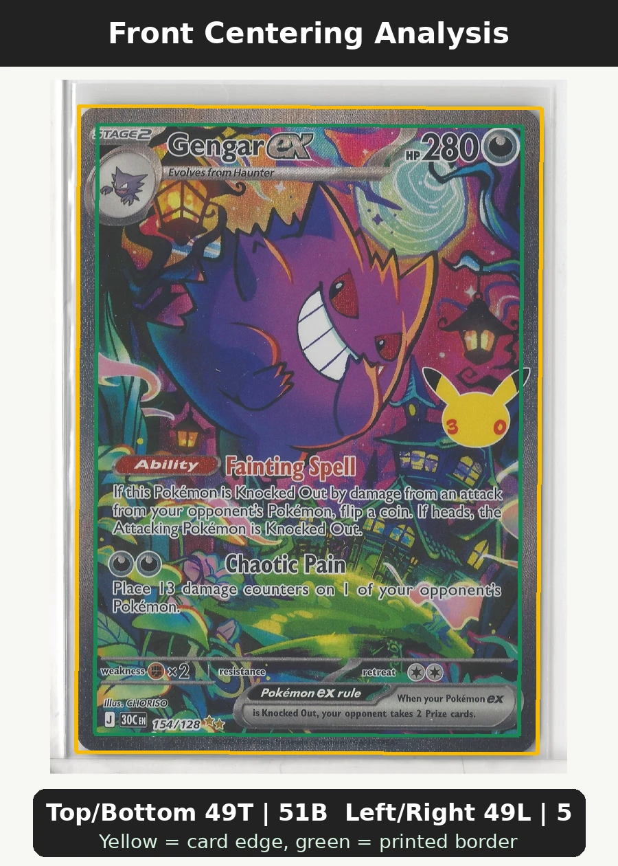 Gengar ex 154/128 30th Celebration front centering analysis showing Top/Bottom 49T | 51B and Left/Right 49L | 51R.
