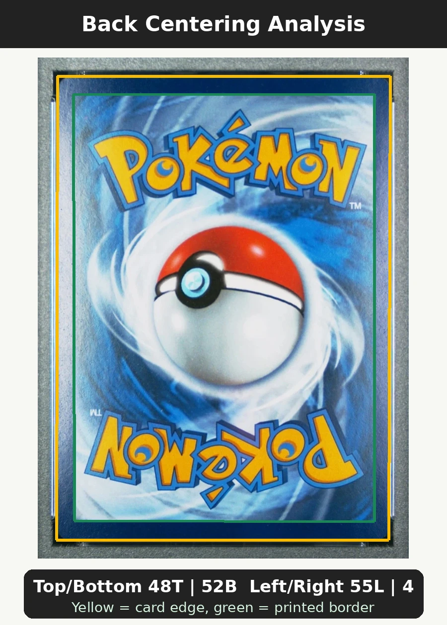 Pikachu 027/225 SVP Black Star Promos back centering analysis showing Top/Bottom 48T | 52B and Left/Right 55L | 45R.
