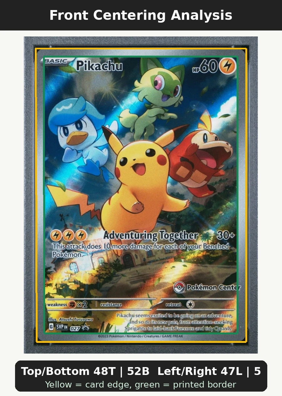 Pikachu 027/225 SVP Black Star Promos front centering analysis showing Top/Bottom 48T | 52B and Left/Right 47L | 53R.