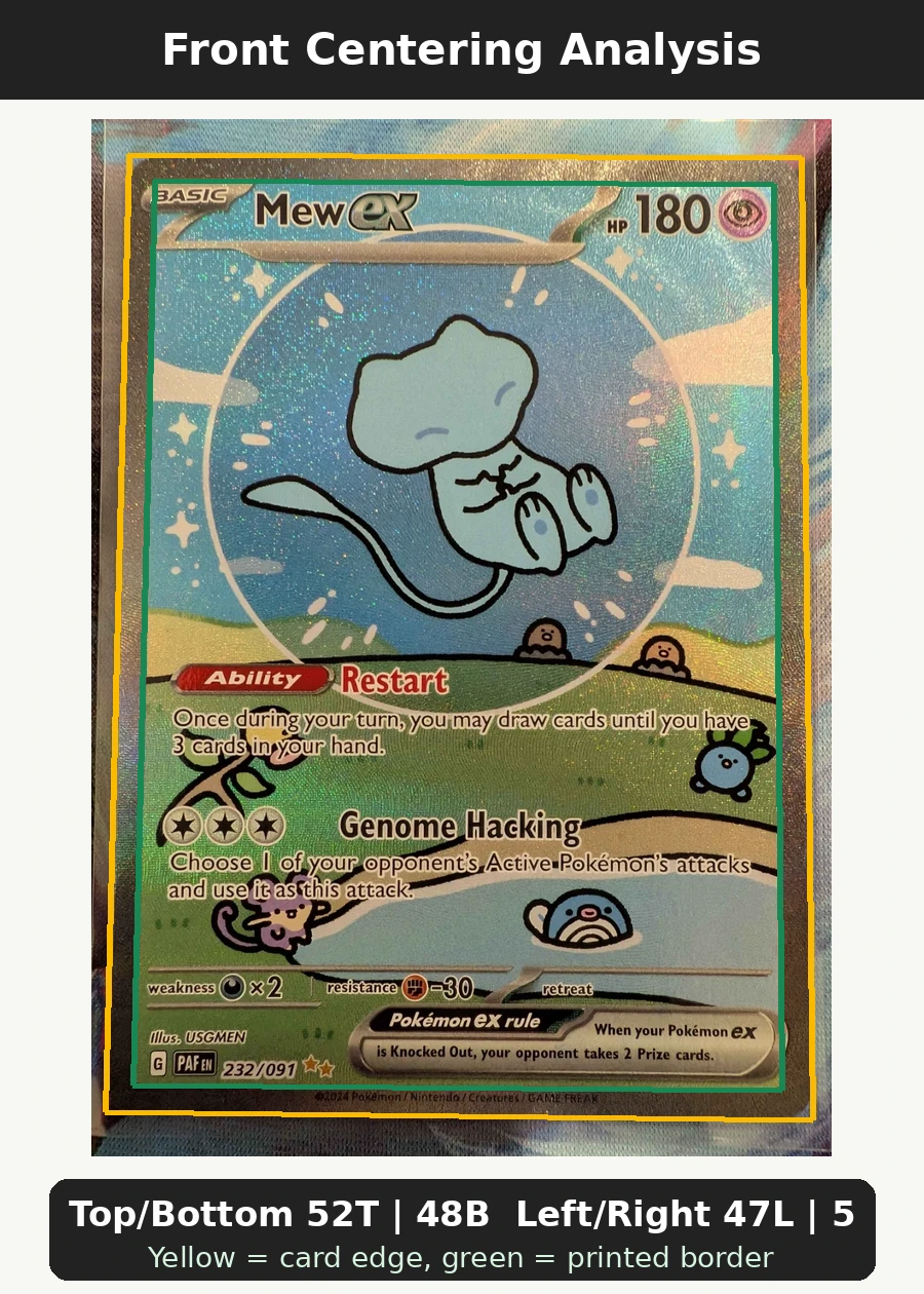 Mew ex 232/91 Paldean Fates front centering analysis showing Top/Bottom 52T | 48B and Left/Right 47L | 53R.