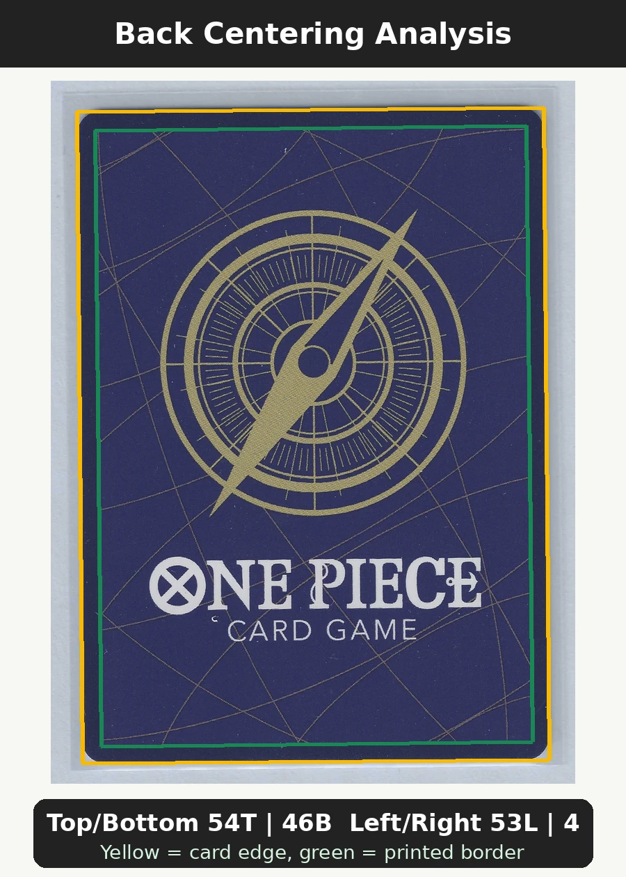 Monkey.D.Luffy (ST21-014) · Foil ST21-014 One Piece Promotion Cards back centering analysis showing Top/Bottom 54T | 46B and Left/Right 53L | 47R.