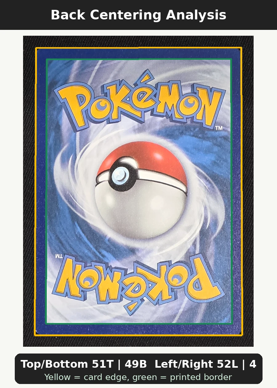Pikachu 005/25 Celebrations back centering analysis showing Top/Bottom 51T | 49B and Left/Right 52L | 48R.