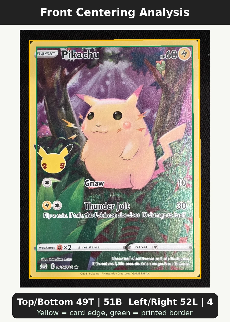 Pikachu 005/25 Celebrations front centering analysis showing Top/Bottom 49T | 51B and Left/Right 52L | 48R.