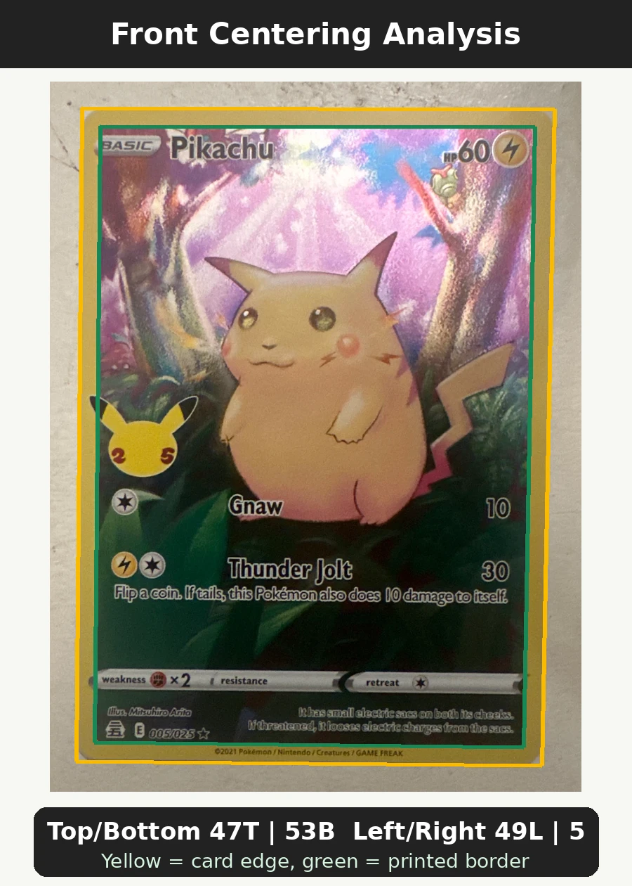 Pikachu 005/25 Celebrations front centering analysis showing Top/Bottom 47T | 53B and Left/Right 49L | 51R.