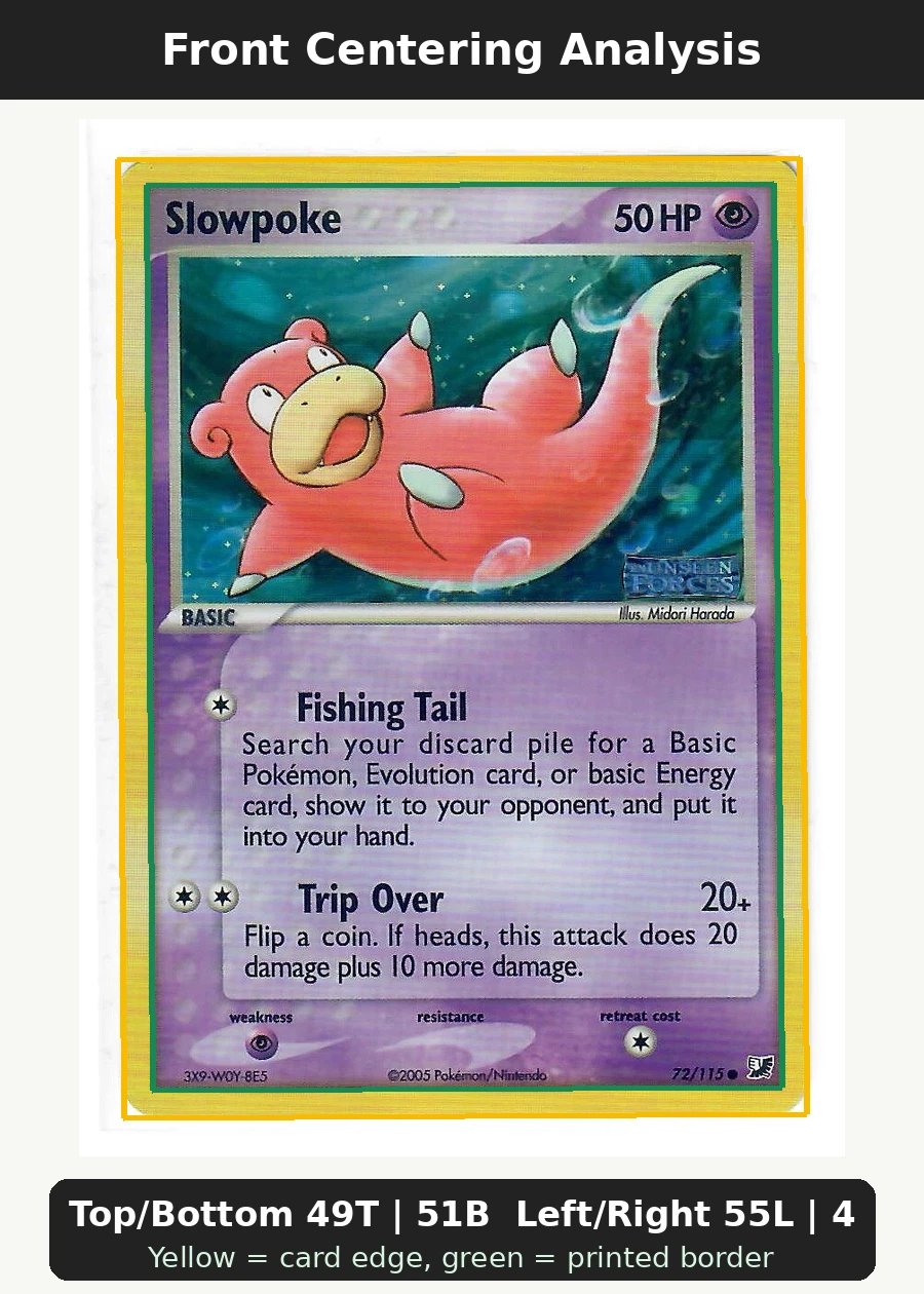Slowpoke 072/115 Unseen Forces front centering analysis showing Top/Bottom 49T | 51B and Left/Right 55L | 45R.