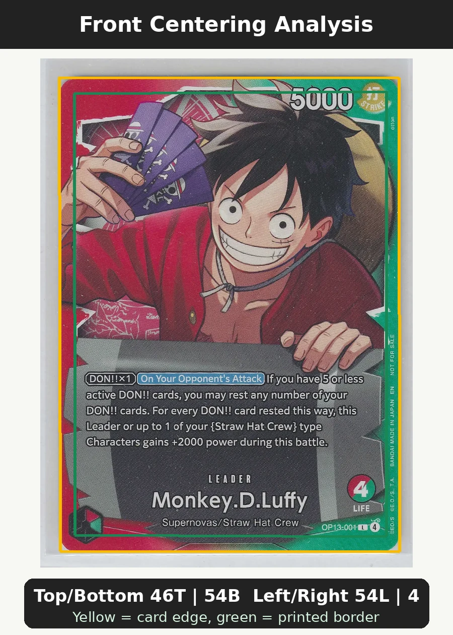 Monkey.D.Luffy (OP13-001) · Ichibansho OP13-001 One Piece Promotion Cards front centering analysis showing Top/Bottom 46T | 54B and Left/Right 54L | 46R.