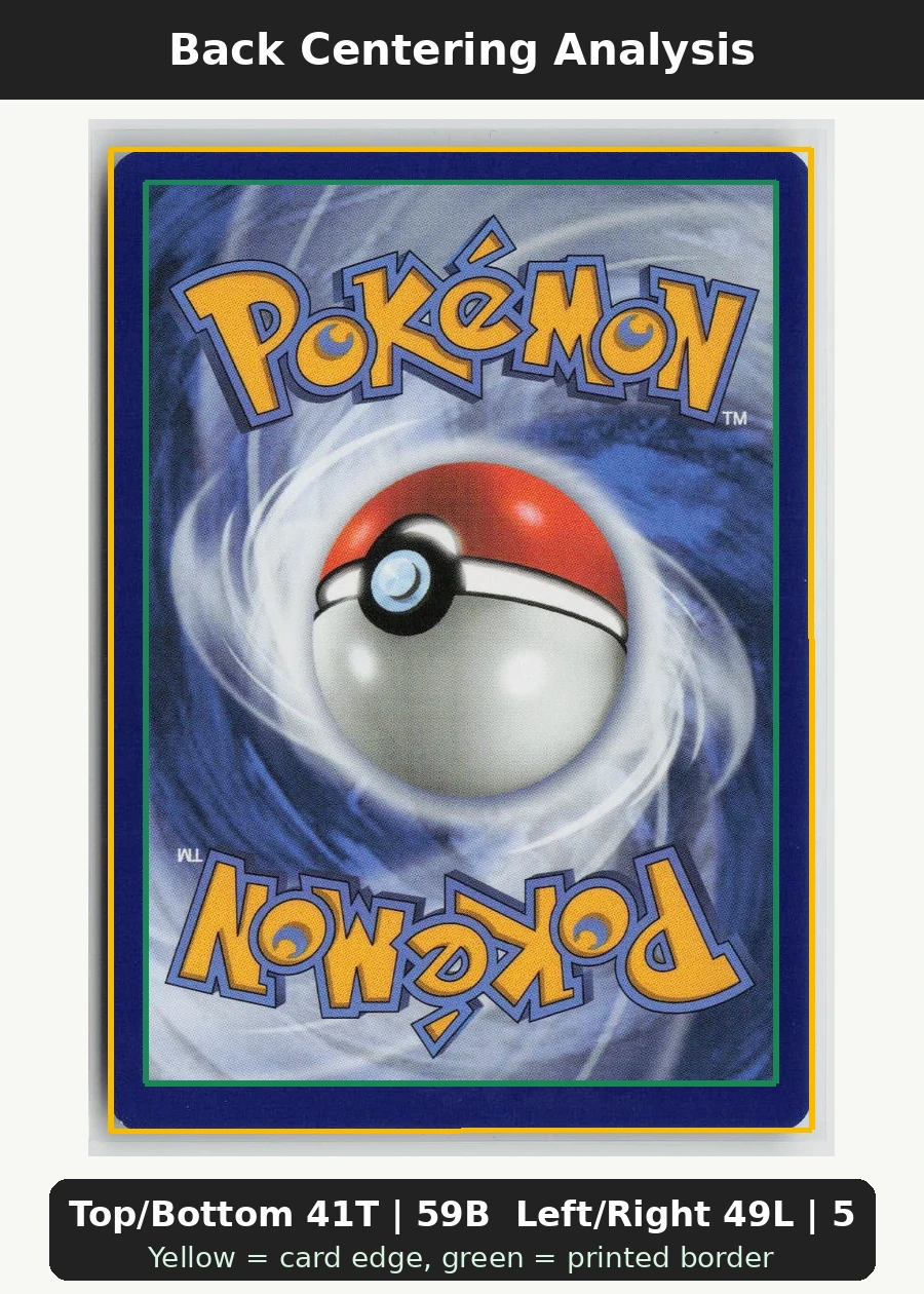 Misty's Psyduck 045/182 · Reverse Holo Destined Rivals back centering analysis showing Top/Bottom 41T | 59B and Left/Right 49L | 51R.