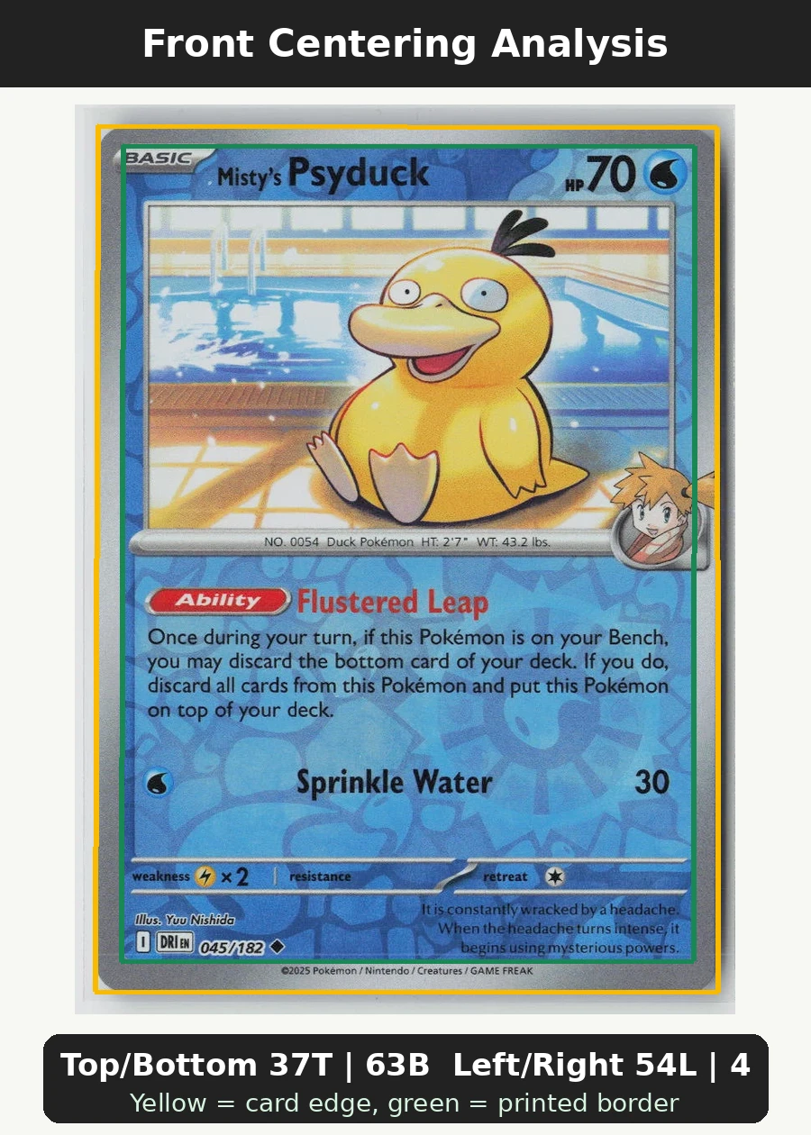 Misty's Psyduck 045/182 · Reverse Holo Destined Rivals front centering analysis showing Top/Bottom 37T | 63B and Left/Right 54L | 46R.