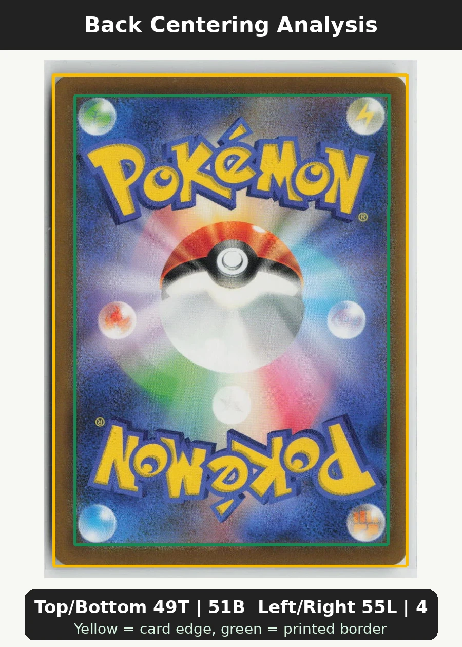 Psyduck 032/193 · Normal MEGA Dream ex back centering analysis showing Top/Bottom 49T | 51B and Left/Right 55L | 45R.