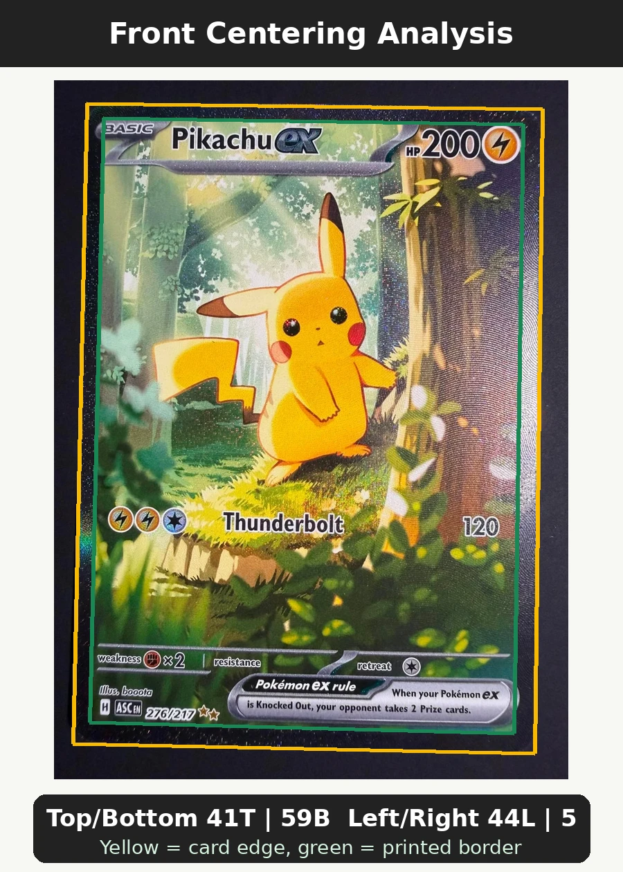 Pikachu ex 276/217 Ascended Heroes front centering analysis showing Top/Bottom 41T | 59B and Left/Right 44L | 56R.