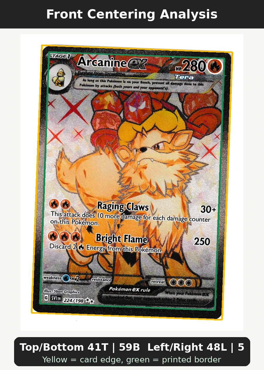 Arcanine ex 224/198 Scarlet & Violet front centering analysis showing Top/Bottom 41T | 59B and Left/Right 48L | 52R.