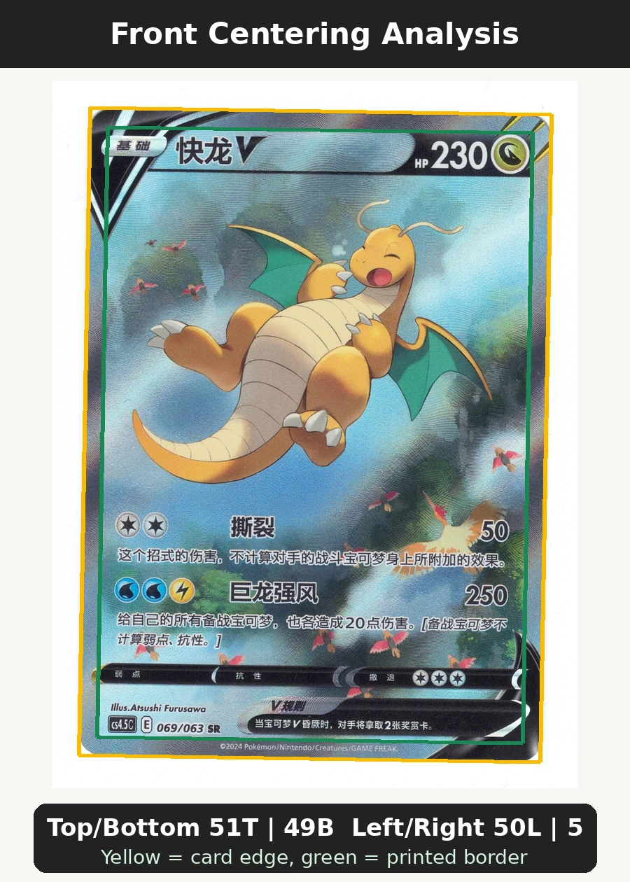 Dragonite V 192/203 Evolving Skies front centering analysis showing Top/Bottom 51T | 49B and Left/Right 50L | 50R.
