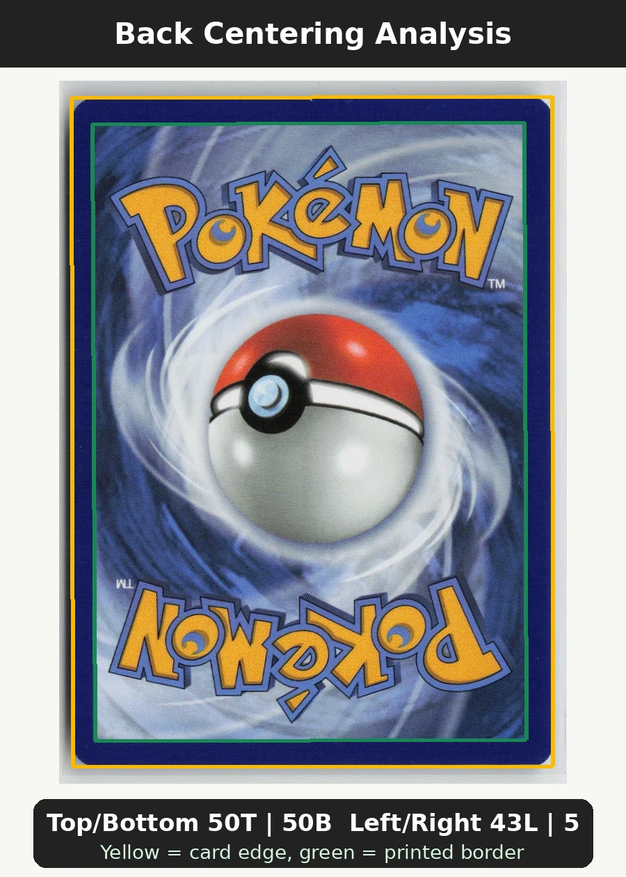 Misty's Psyduck 045/182 · Normal Destined Rivals back centering analysis showing Top/Bottom 50T | 50B and Left/Right 43L | 57R.