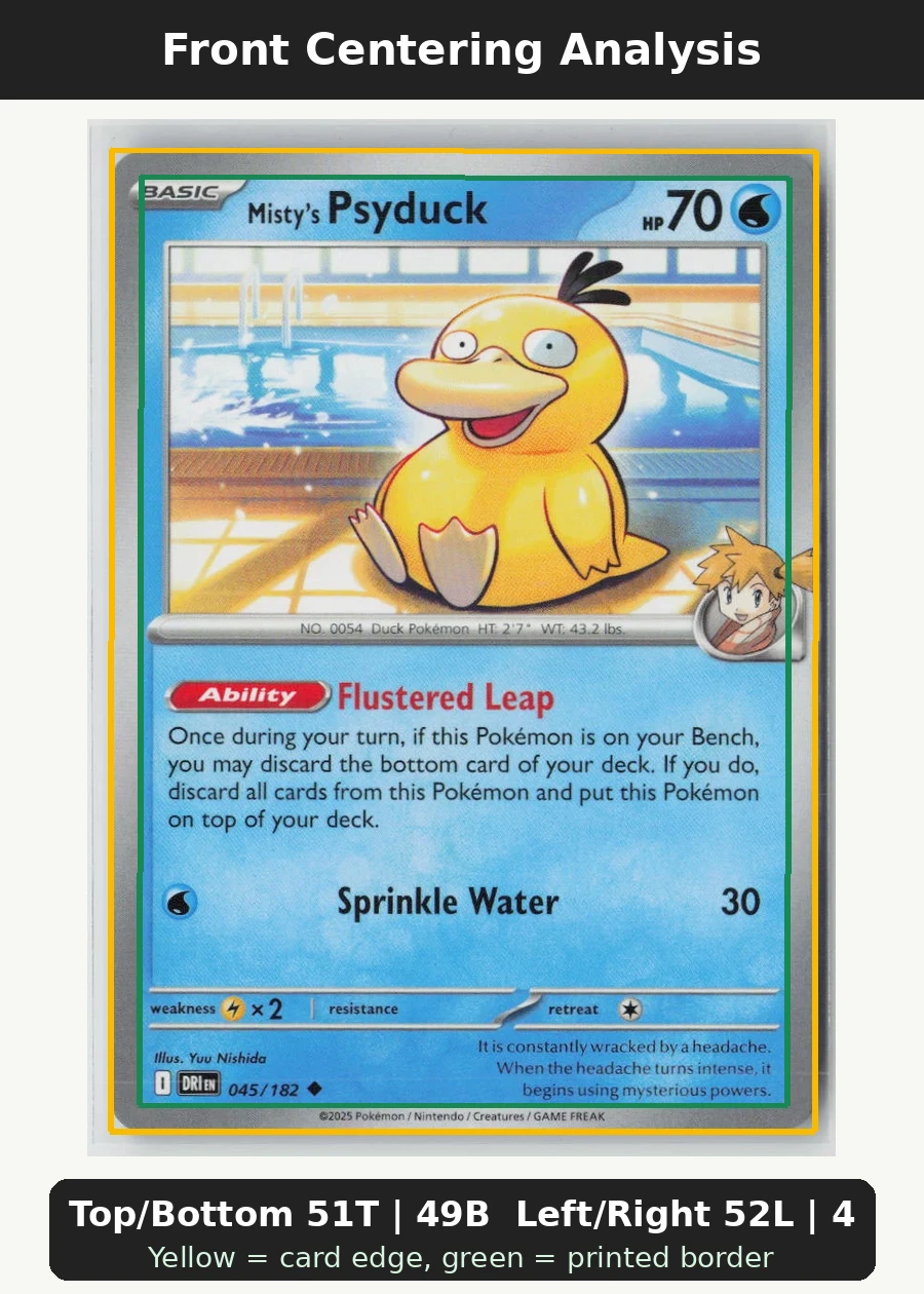 Misty's Psyduck 045/182 · Normal Destined Rivals front centering analysis showing Top/Bottom 51T | 49B and Left/Right 52L | 48R.