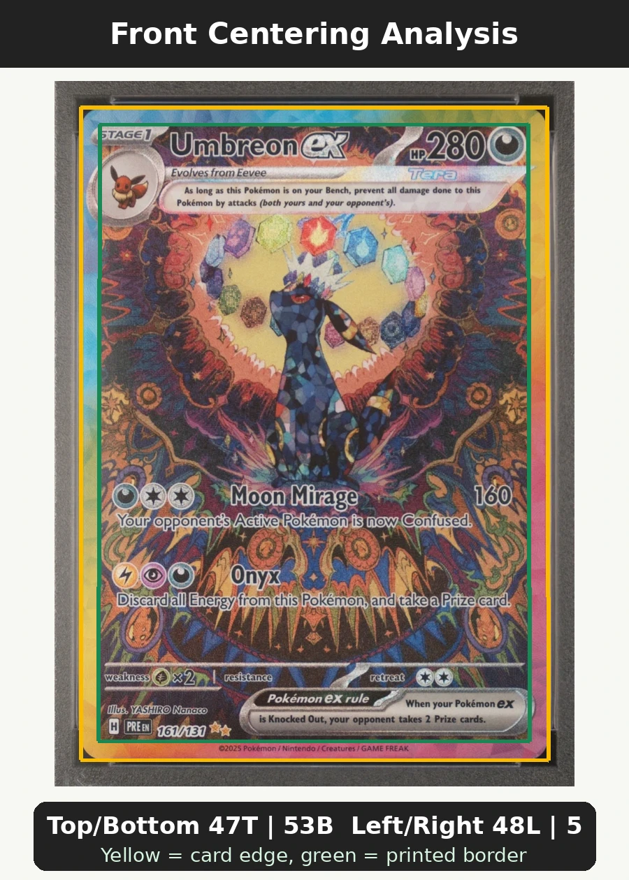 Umbreon ex 161/131 Prismatic Evolutions front centering analysis showing Top/Bottom 47T | 53B and Left/Right 48L | 52R.
