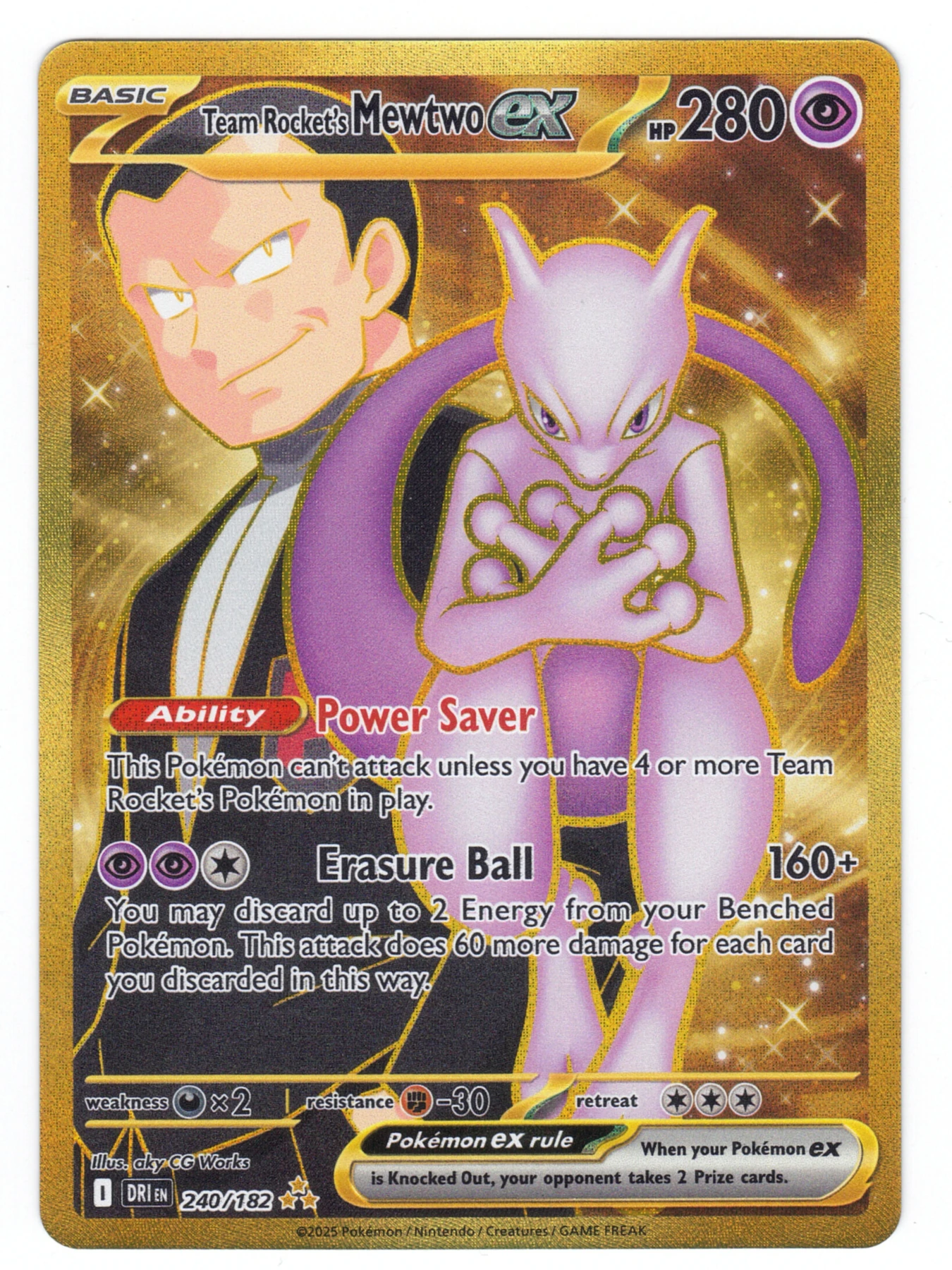 Team Rocket's Mewtwo ex 240/182 Destined Rivals front card photo in GradeValue pregrading report