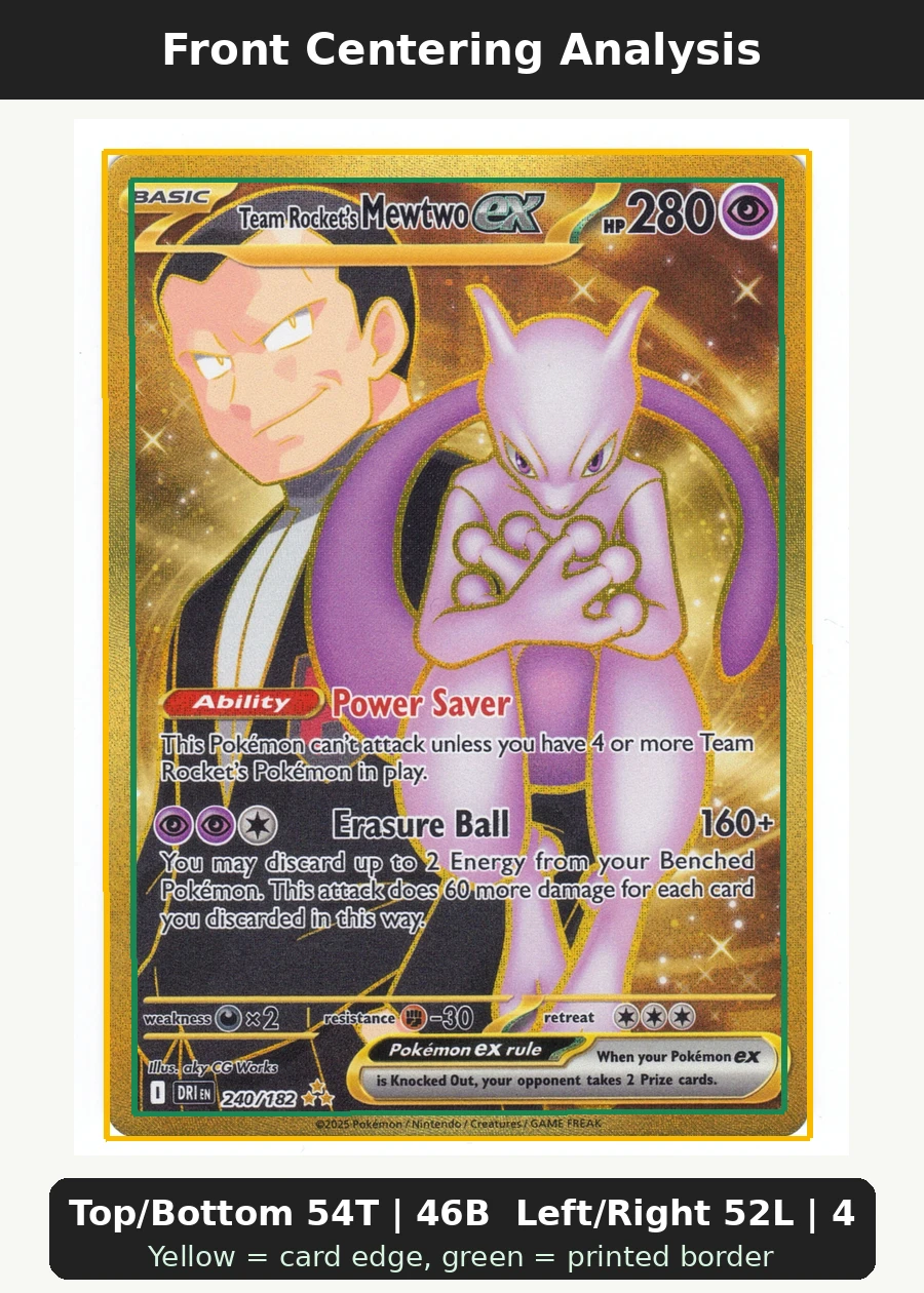 Team Rocket's Mewtwo ex 240/182 Destined Rivals front centering analysis showing Top/Bottom 54T | 46B and Left/Right 52L | 48R.