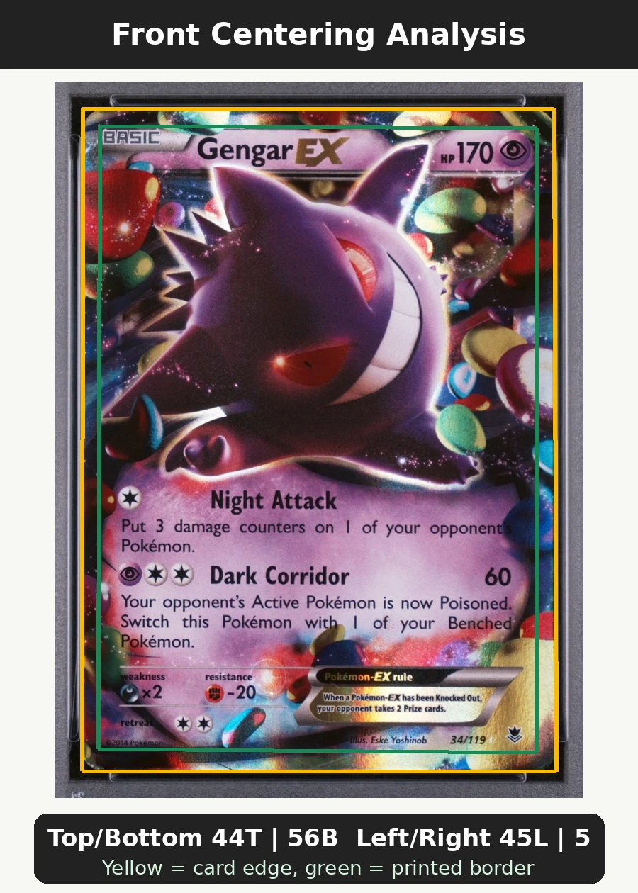 Gengar EX 034/119 Phantom Forces front centering analysis showing Top/Bottom 44T | 56B and Left/Right 45L | 55R.
