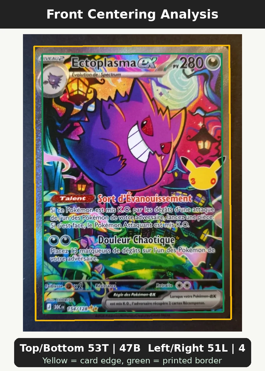 Gengar ex 154/128 30th Celebration front centering analysis showing Top/Bottom 53T | 47B and Left/Right 51L | 49R.