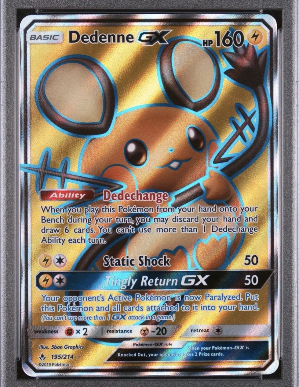 Dedenne GX 195/214 Unbroken Bonds front card photo in GradeValue pregrading report