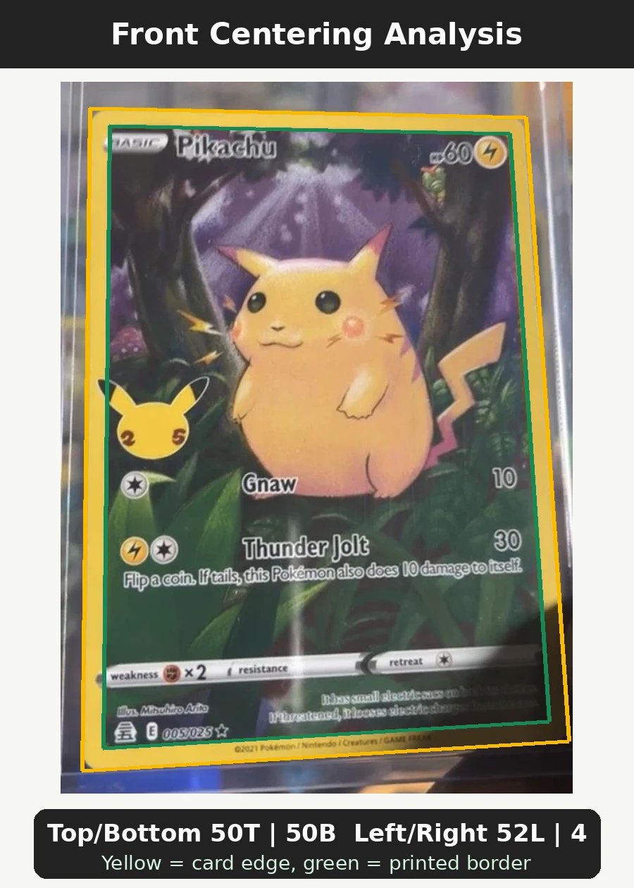 Pikachu 005/25 Celebrations front centering analysis showing Top/Bottom 50T | 50B and Left/Right 52L | 48R.