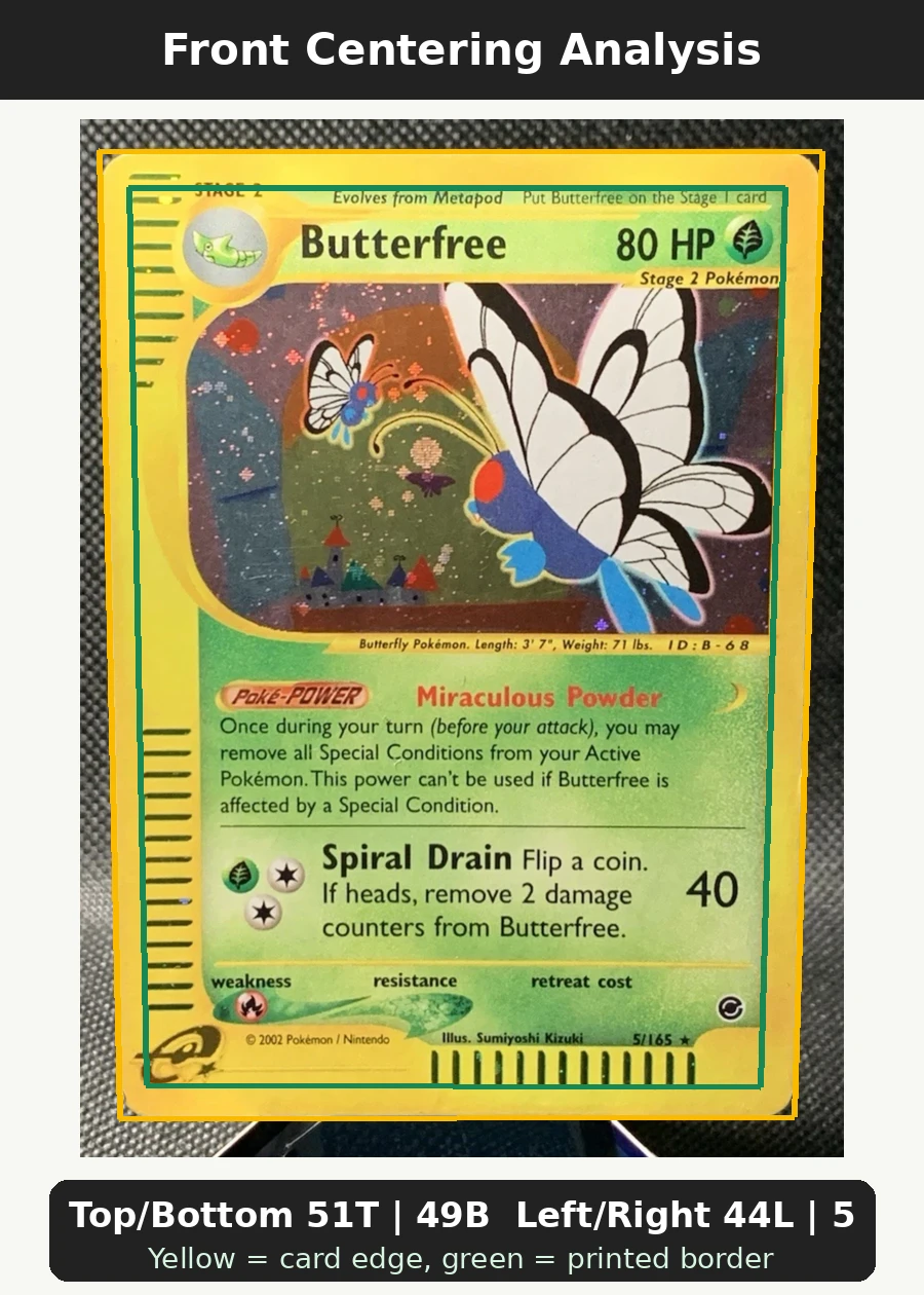 Butterfree 005/165 Expedition Base Set front centering analysis showing Top/Bottom 51T | 49B and Left/Right 44L | 56R.